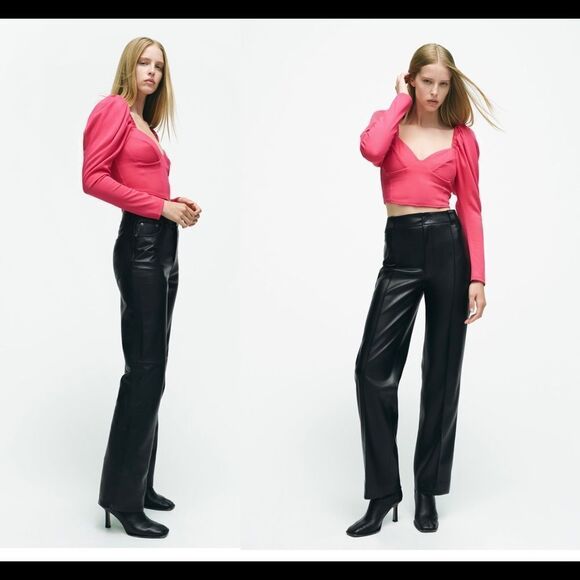 Zara pink long balloon sleeve corset crop top size small NWT - Picture 4 of 11